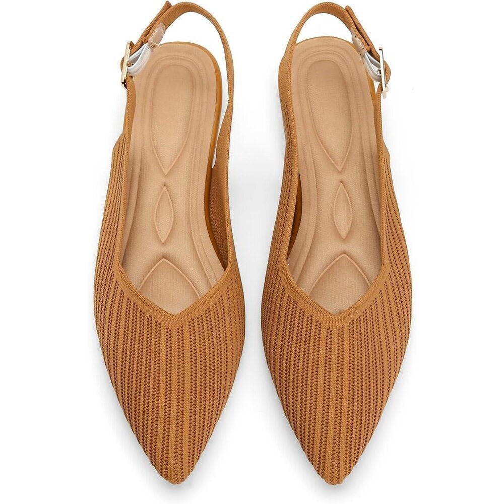 Women's Flats Shoes Pointed Toe Knit Foldable Ballet Ankle Strap Flat Brown